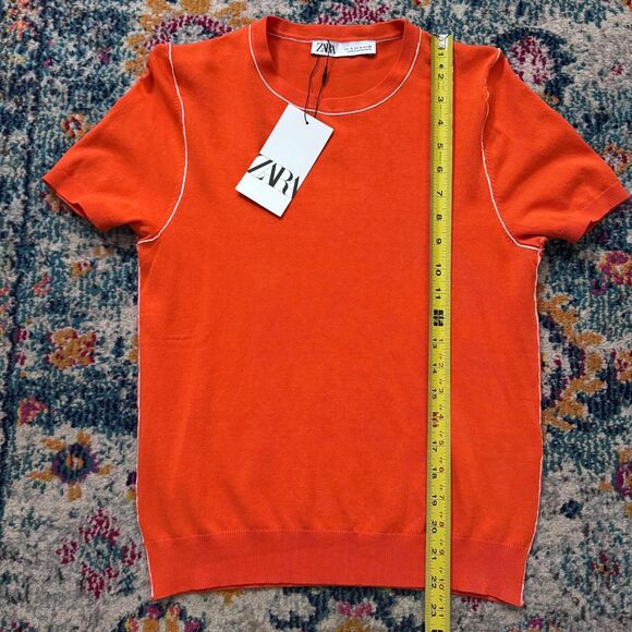 NWT Zara Orange Short Sleeve Knit Top with White Contrast Piping Size M - Picture 4 of 6